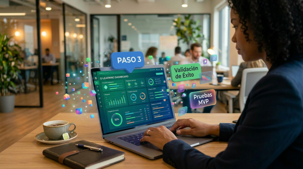 Equipo revisando resultados de pruebas MVP en laptop, en el Paso 3 de validación de éxito del proceso de formación empresarial