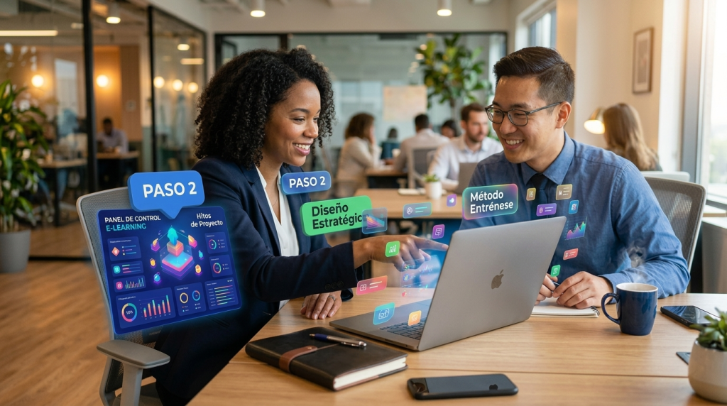 Profesional diseñando una estrategia de formación personalizada en laptop, representando el Paso 2 del Método Entrénese