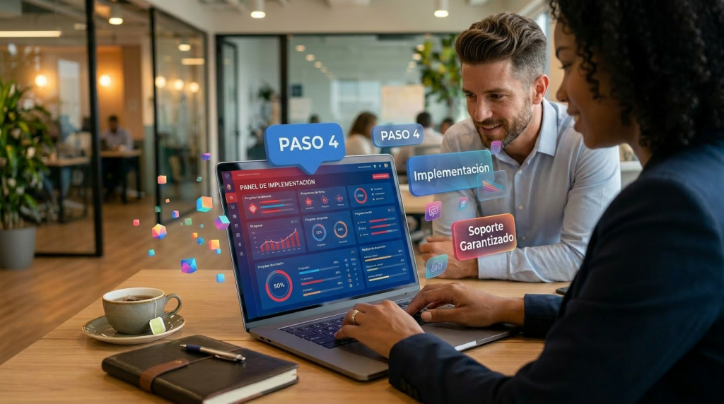 Profesionales implementando un programa de formación empresarial con soporte garantizado, representando el Paso 4 del Método Entrénese