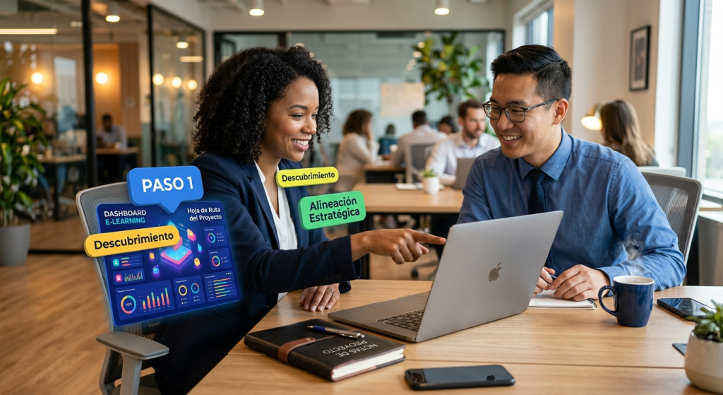 Dos profesionales analizando una estrategia empresarial en laptop durante el Paso 1 de descubrimiento y alineación estratégica