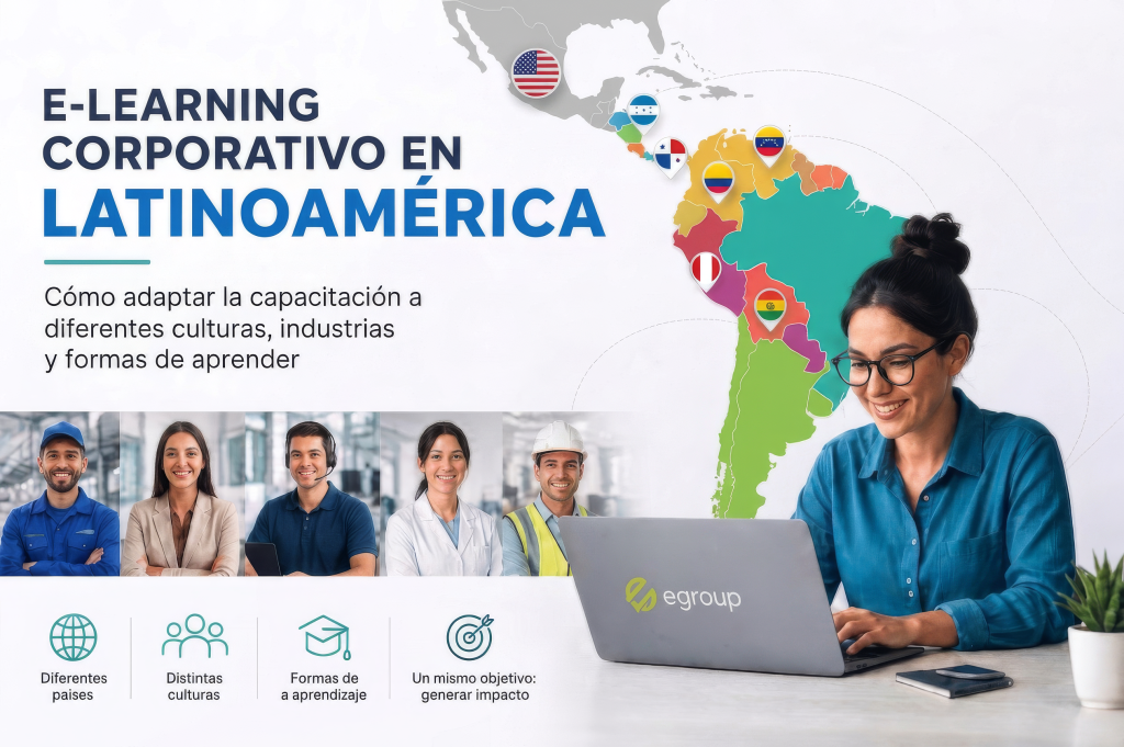 Profesional utilizando una plataforma de e-learning corporativo con mapa de Latinoamérica y representación de diferentes países, industrias y culturas en capacitación empresarial digital.