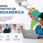 Profesional utilizando una plataforma de e-learning corporativo con mapa de Latinoamérica y representación de diferentes países, industrias y culturas en capacitación empresarial digital.