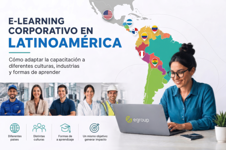Profesional utilizando una plataforma de e-learning corporativo con mapa de Latinoamérica y representación de diferentes países, industrias y culturas en capacitación empresarial digital.