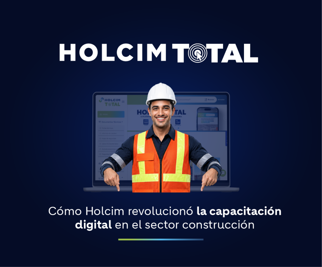 Constructor utilizando la plataforma Holcim Total para acceder a cursos, certificaciones, documentación técnica y herramientas digitales de capacitación en Colombia.