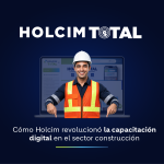 Constructor utilizando la plataforma Holcim Total para acceder a cursos, certificaciones, documentación técnica y herramientas digitales de capacitación en Colombia.