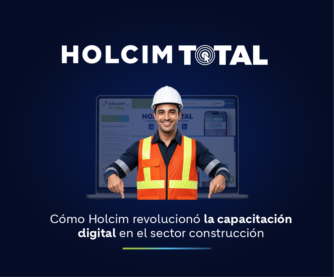 Constructor utilizando la plataforma Holcim Total para acceder a cursos, certificaciones, documentación técnica y herramientas digitales de capacitación en Colombia.