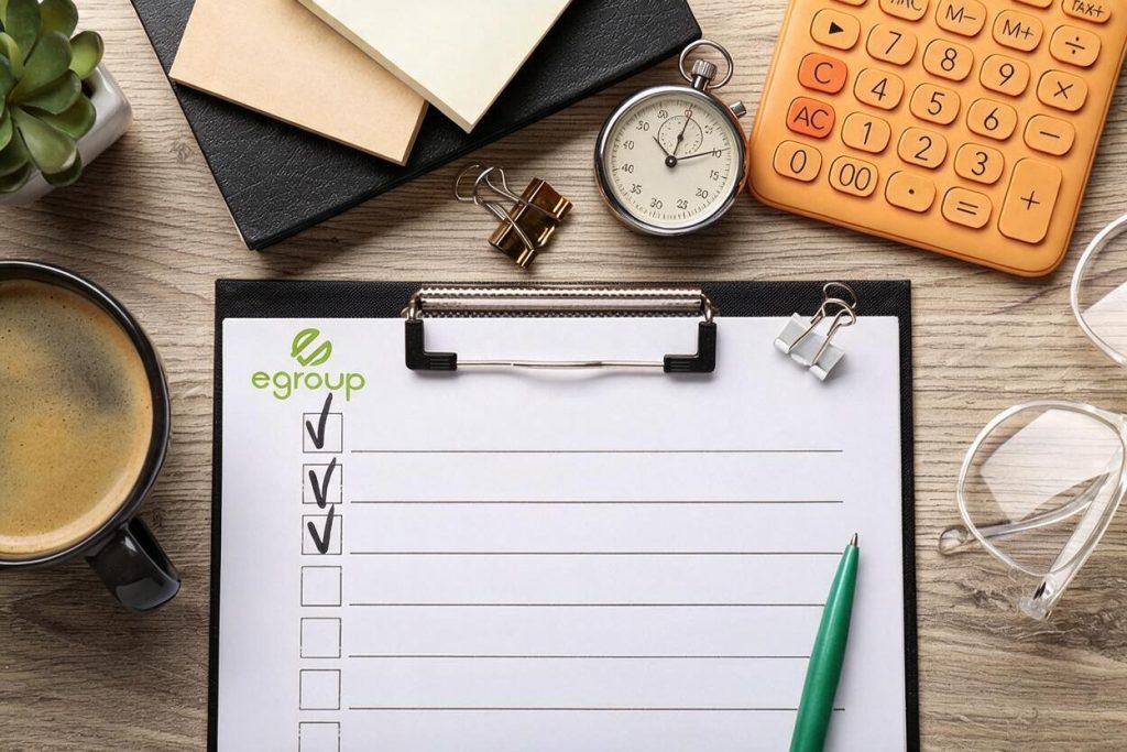 Checklist de egroup sobre indicadores de capacitación, con cronómetro, calculadora y taza de café sobre un escritorio de oficina